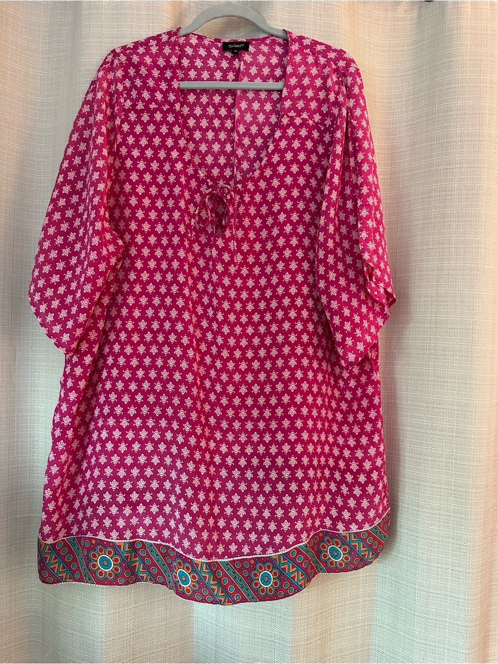 Tolani Silk Pink Printed V-Neck Tie-Front Tunic dress with Colorful Hem 1X